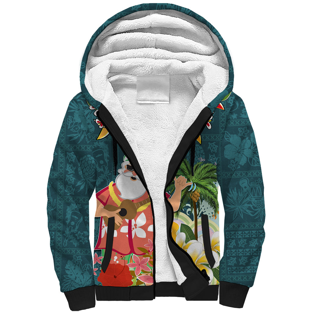 Hawaii Honu Mele Kalikimaka Sherpa Hoodie Santa Tropical Flower Aloha Summer Turquoise Version LT03 Unisex Turquoise - Polynesian Pride