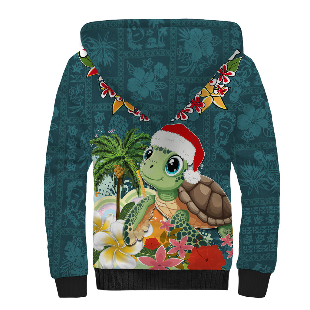 Hawaii Honu Mele Kalikimaka Sherpa Hoodie Santa Tropical Flower Aloha Summer Turquoise Version LT03 - Polynesian Pride