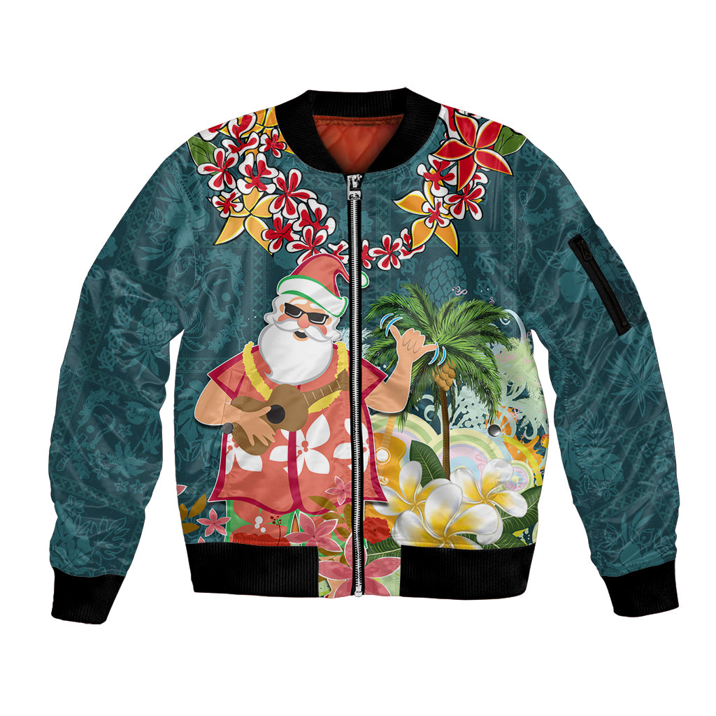 Hawaii Honu Mele Kalikimaka Sleeve Zip Bomber Jacket Santa Tropical Flower Aloha Summer Turquoise Version LT03 Unisex Turquoise - Polynesian Pride