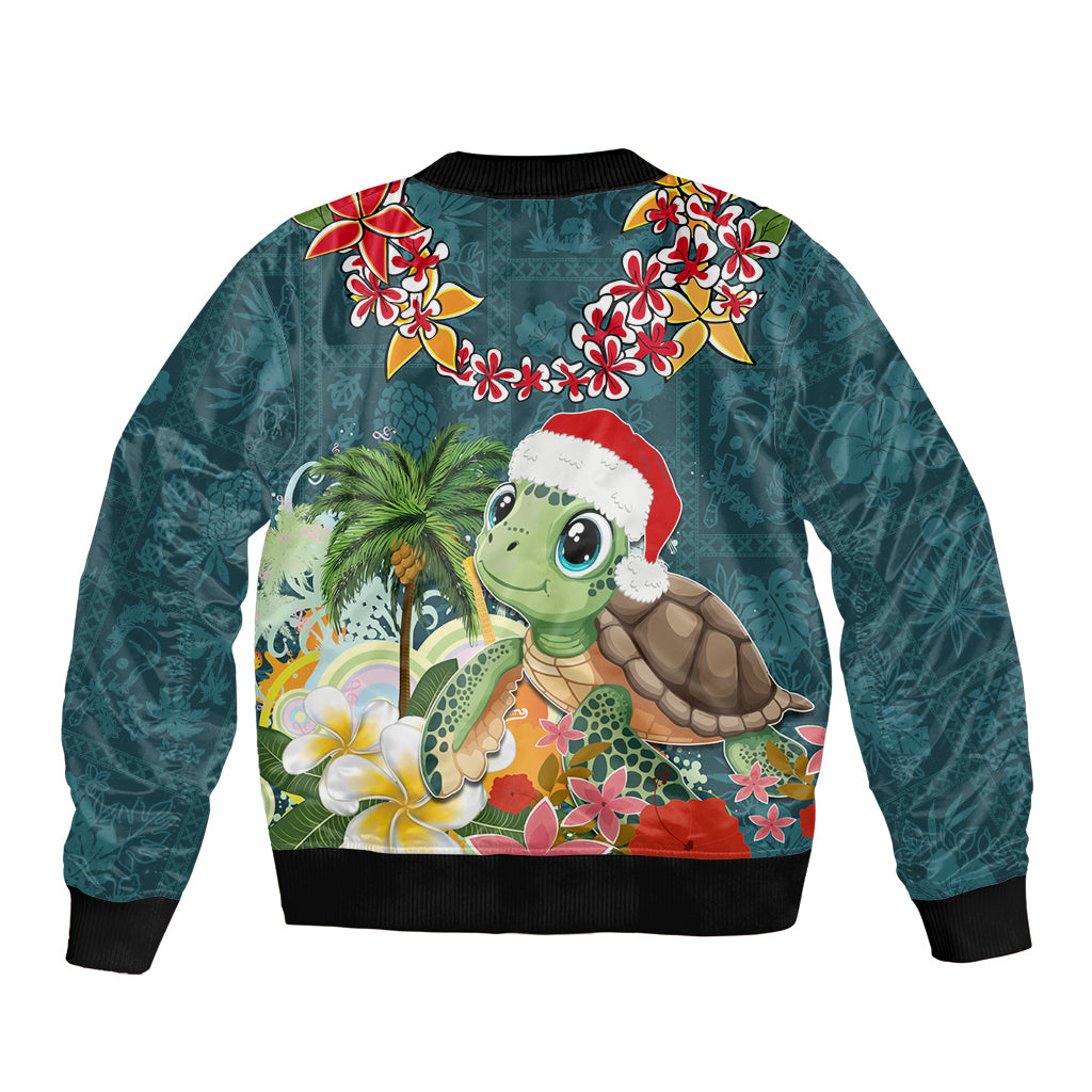 Hawaii Honu Mele Kalikimaka Sleeve Zip Bomber Jacket Santa Tropical Flower Aloha Summer Turquoise Version LT03 - Polynesian Pride
