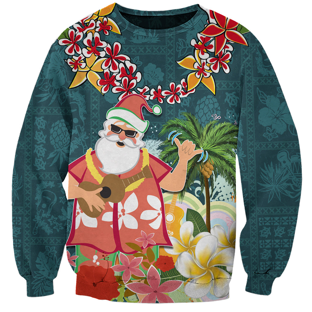 Hawaii Honu Mele Kalikimaka Sweatshirt Santa Tropical Flower Aloha Summer Turquoise Version LT03 Unisex Turquoise - Polynesian Pride