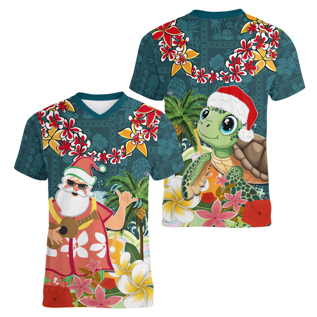 Hawaii Honu Mele Kalikimaka Women V Neck T Shirt Santa Tropical Flower Aloha Summer Turquoise Version LT03 - Polynesian Pride