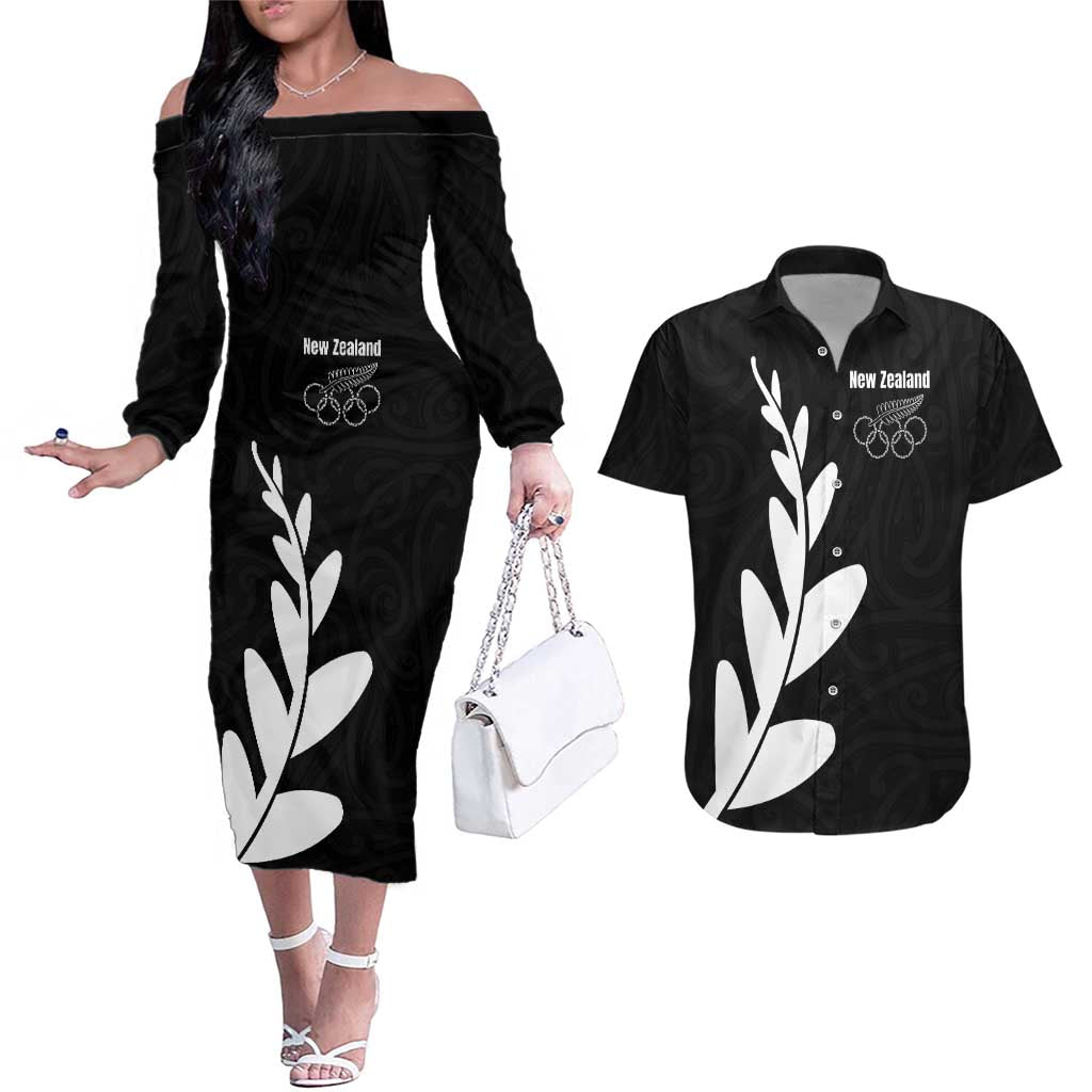 Personalised New Zealand Canoeing Special Jersey Couples Matching Off The Shoulder Long Sleeve Dress and Hawaiian Shirt