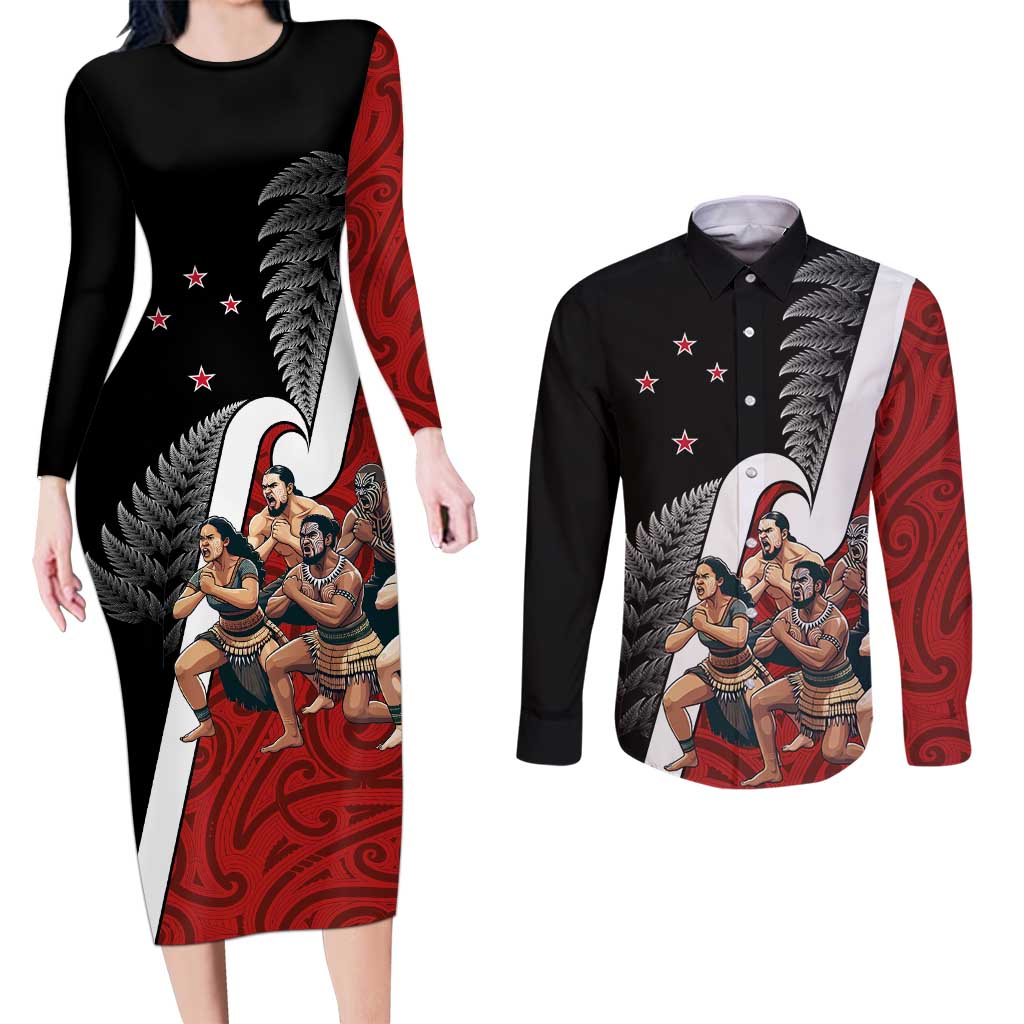 New Zealand Te Matatini Couples Matching Long Sleeve Bodycon Dress and Long Sleeve Button Shirt Kapa Haka and Silver Fern - Maori Art Pattern LT03 Black - Polynesian Pride