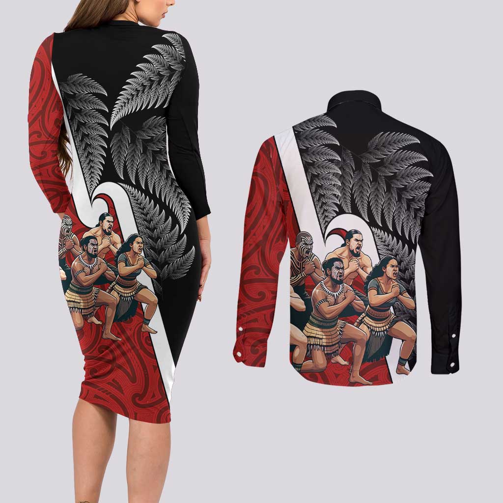 New Zealand Te Matatini Couples Matching Long Sleeve Bodycon Dress and Long Sleeve Button Shirt Kapa Haka and Silver Fern - Maori Art Pattern LT03 - Polynesian Pride