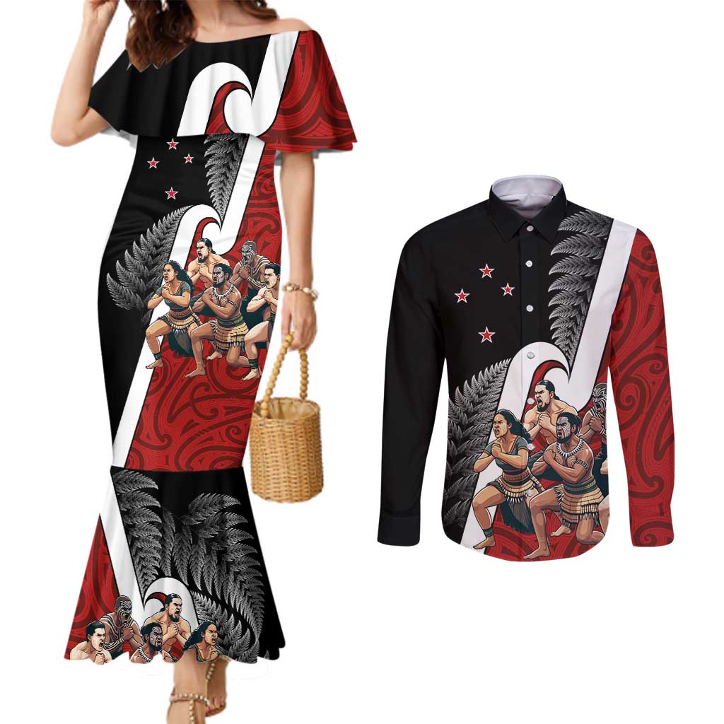 New Zealand Te Matatini Couples Matching Mermaid Dress and Long Sleeve Button Shirt Kapa Haka and Silver Fern - Maori Art Pattern LT03 Black - Polynesian Pride