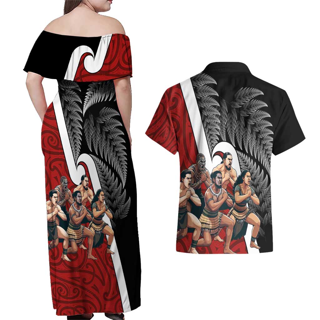 New Zealand Te Matatini Couples Matching Off Shoulder Maxi Dress and Hawaiian Shirt Kapa Haka and Silver Fern - Maori Art Pattern LT03 - Polynesian Pride