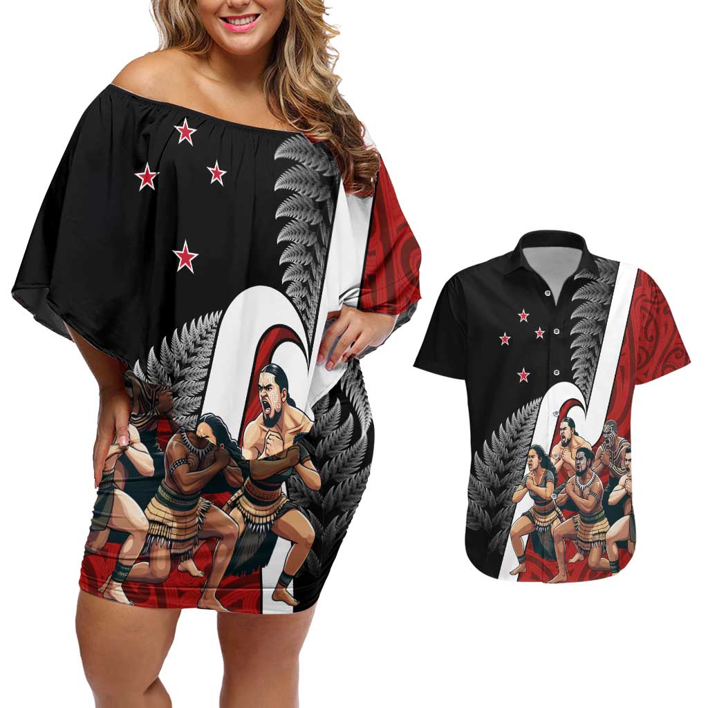 New Zealand Te Matatini Couples Matching Off Shoulder Short Dress and Hawaiian Shirt Kapa Haka and Silver Fern - Maori Art Pattern LT03 Black - Polynesian Pride
