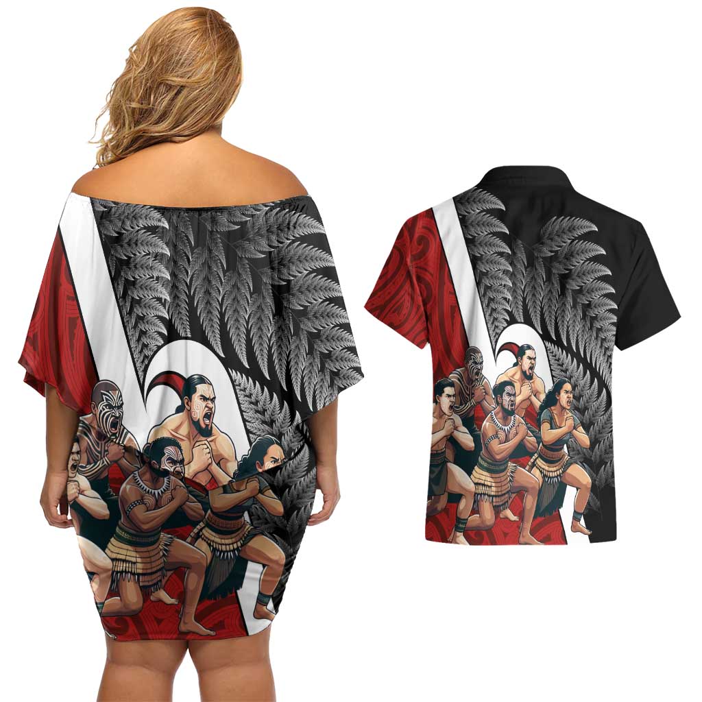New Zealand Te Matatini Couples Matching Off Shoulder Short Dress and Hawaiian Shirt Kapa Haka and Silver Fern - Maori Art Pattern LT03 - Polynesian Pride