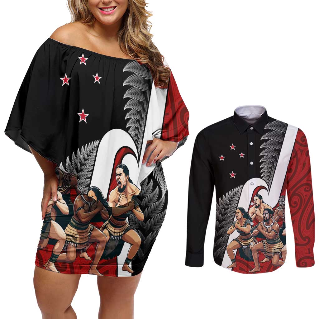 New Zealand Te Matatini Couples Matching Off Shoulder Short Dress and Long Sleeve Button Shirt Kapa Haka and Silver Fern - Maori Art Pattern LT03 Black - Polynesian Pride