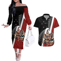 New Zealand Te Matatini Couples Matching Off The Shoulder Long Sleeve Dress and Hawaiian Shirt Kapa Haka and Silver Fern - Maori Art Pattern LT03 Black - Polynesian Pride