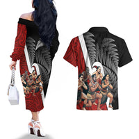 New Zealand Te Matatini Couples Matching Off The Shoulder Long Sleeve Dress and Hawaiian Shirt Kapa Haka and Silver Fern - Maori Art Pattern LT03 - Polynesian Pride