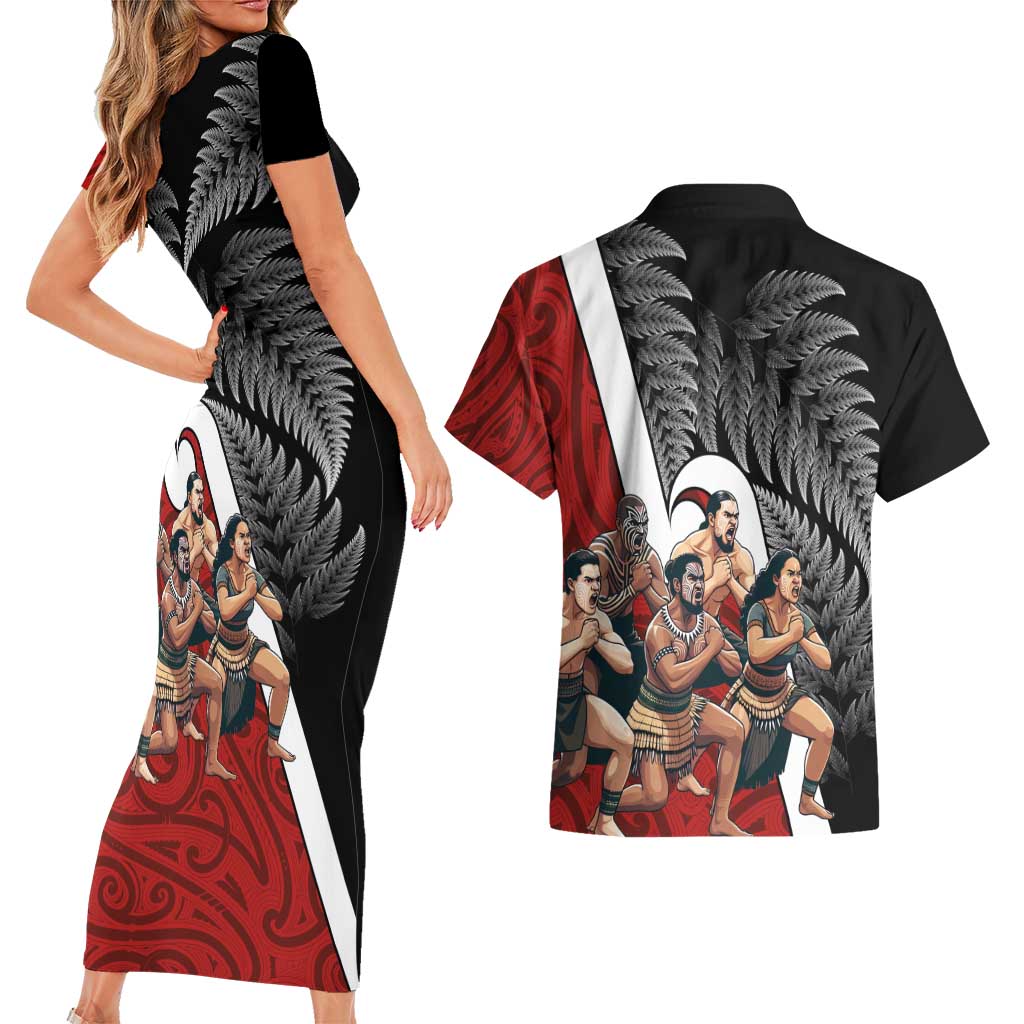 New Zealand Te Matatini Couples Matching Short Sleeve Bodycon Dress and Hawaiian Shirt Kapa Haka and Silver Fern - Maori Art Pattern LT03 - Polynesian Pride