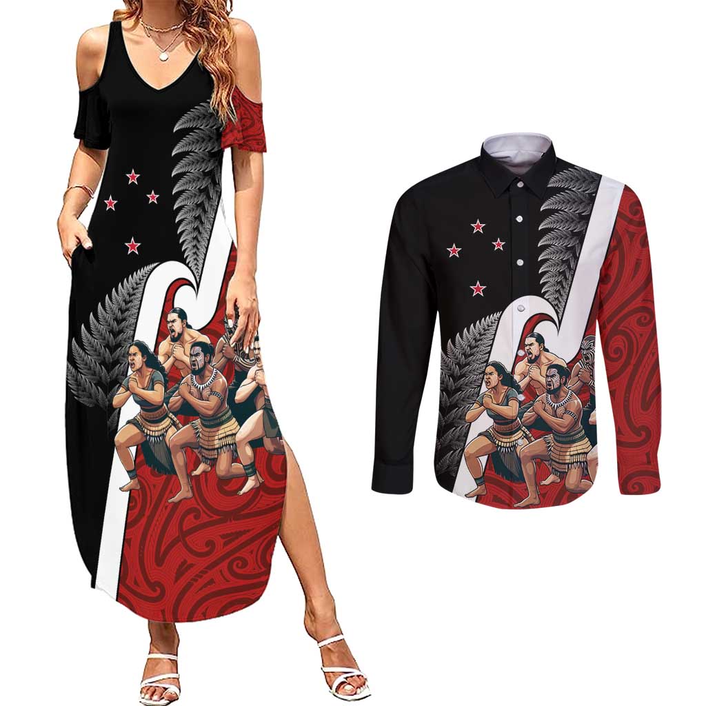 New Zealand Te Matatini Couples Matching Summer Maxi Dress and Long Sleeve Button Shirt Kapa Haka and Silver Fern - Maori Art Pattern LT03 Black - Polynesian Pride