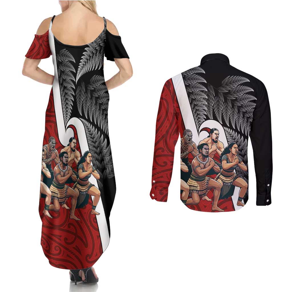 New Zealand Te Matatini Couples Matching Summer Maxi Dress and Long Sleeve Button Shirt Kapa Haka and Silver Fern - Maori Art Pattern LT03 - Polynesian Pride