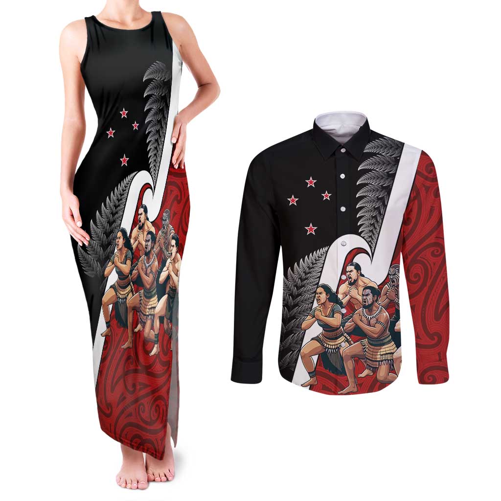 New Zealand Te Matatini Couples Matching Tank Maxi Dress and Long Sleeve Button Shirt Kapa Haka and Silver Fern - Maori Art Pattern LT03 Black - Polynesian Pride