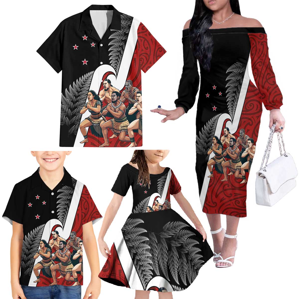 New Zealand Te Matatini Family Matching Off The Shoulder Long Sleeve Dress and Hawaiian Shirt Kapa Haka and Silver Fern - Maori Art Pattern LT03 - Polynesian Pride