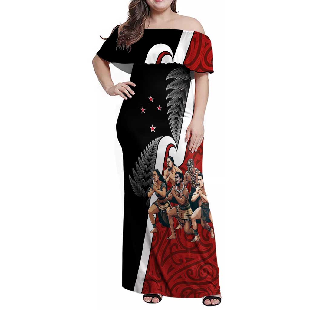 New Zealand Te Matatini Family Matching Off Shoulder Maxi Dress and Hawaiian Shirt Kapa Haka and Silver Fern - Maori Art Pattern LT03 Mom's Dress Black - Polynesian Pride