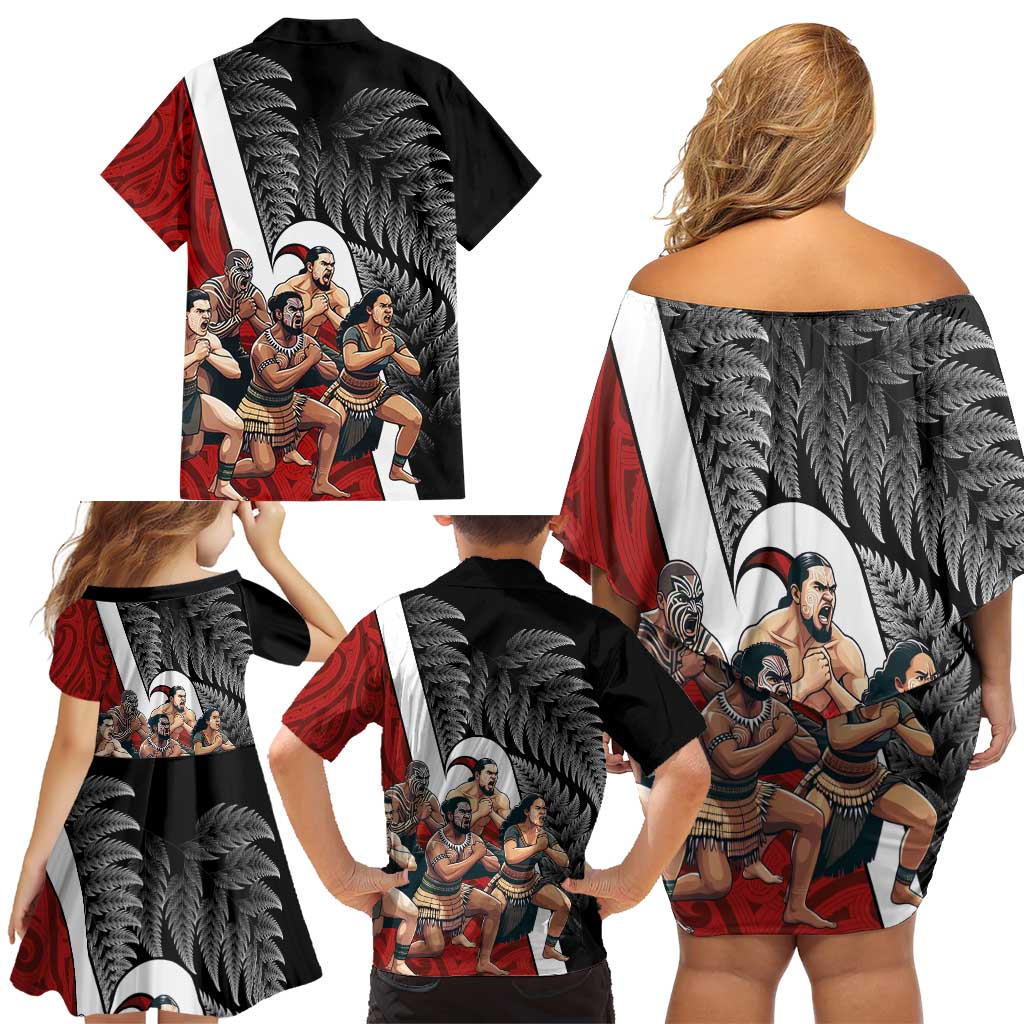 New Zealand Te Matatini Family Matching Off Shoulder Short Dress and Hawaiian Shirt Kapa Haka and Silver Fern - Maori Art Pattern LT03 - Polynesian Pride