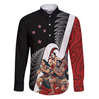 New Zealand Te Matatini Family Matching Puletasi and Hawaiian Shirt Kapa Haka and Silver Fern - Maori Art Pattern LT03 Dad's Shirt - Long Sleeve Black - Polynesian Pride