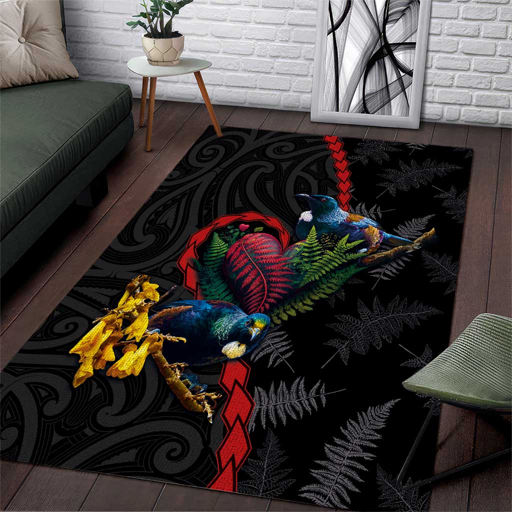 New Zealand Tui Birds Love Couple Area Rug The Heart of Silver Fern Leaves and Maori Tattoo Pattern LT03 Black - Polynesian Pride