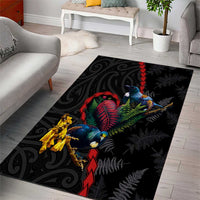 New Zealand Tui Birds Love Couple Area Rug The Heart of Silver Fern Leaves and Maori Tattoo Pattern LT03 - Polynesian Pride