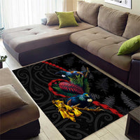 New Zealand Tui Birds Love Couple Area Rug The Heart of Silver Fern Leaves and Maori Tattoo Pattern LT03 - Polynesian Pride