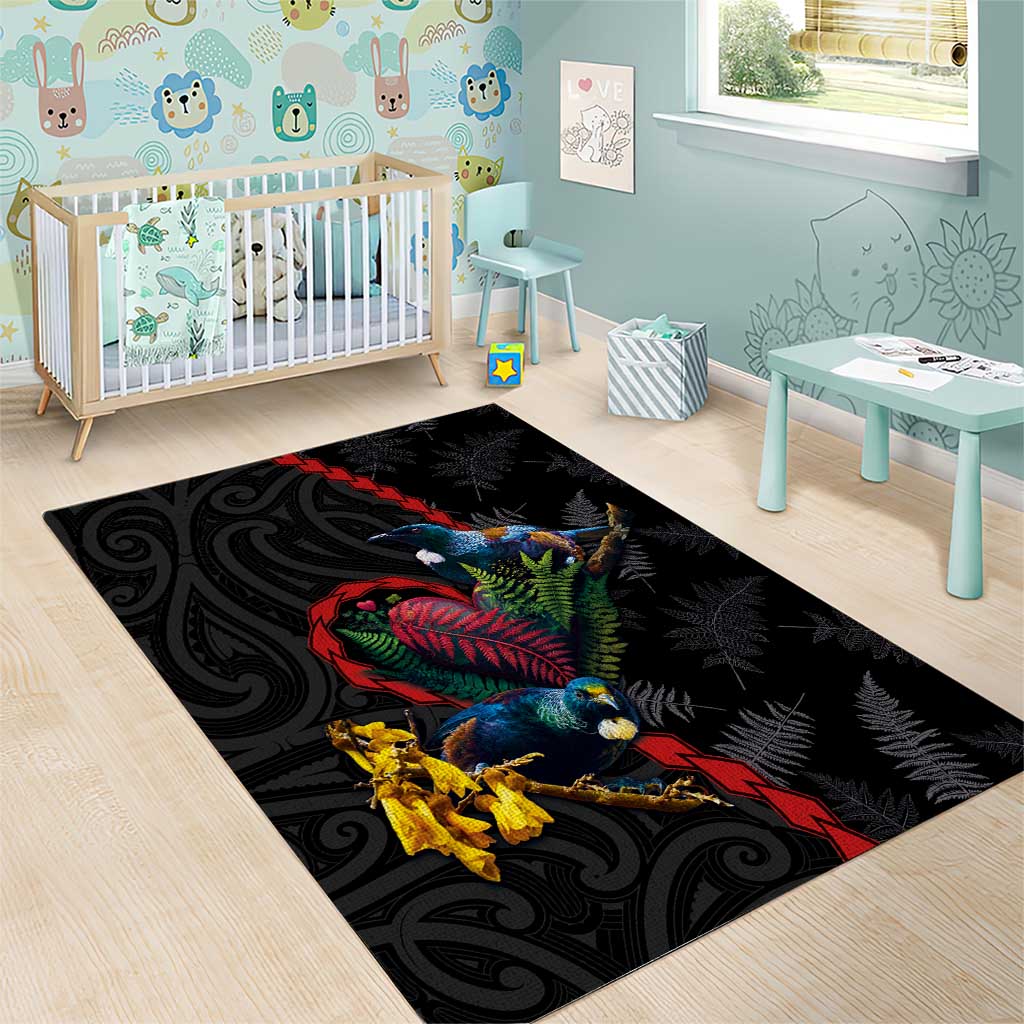 New Zealand Tui Birds Love Couple Area Rug The Heart of Silver Fern Leaves and Maori Tattoo Pattern LT03 - Polynesian Pride