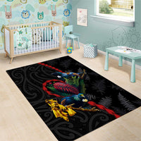 New Zealand Tui Birds Love Couple Area Rug The Heart of Silver Fern Leaves and Maori Tattoo Pattern LT03 - Polynesian Pride