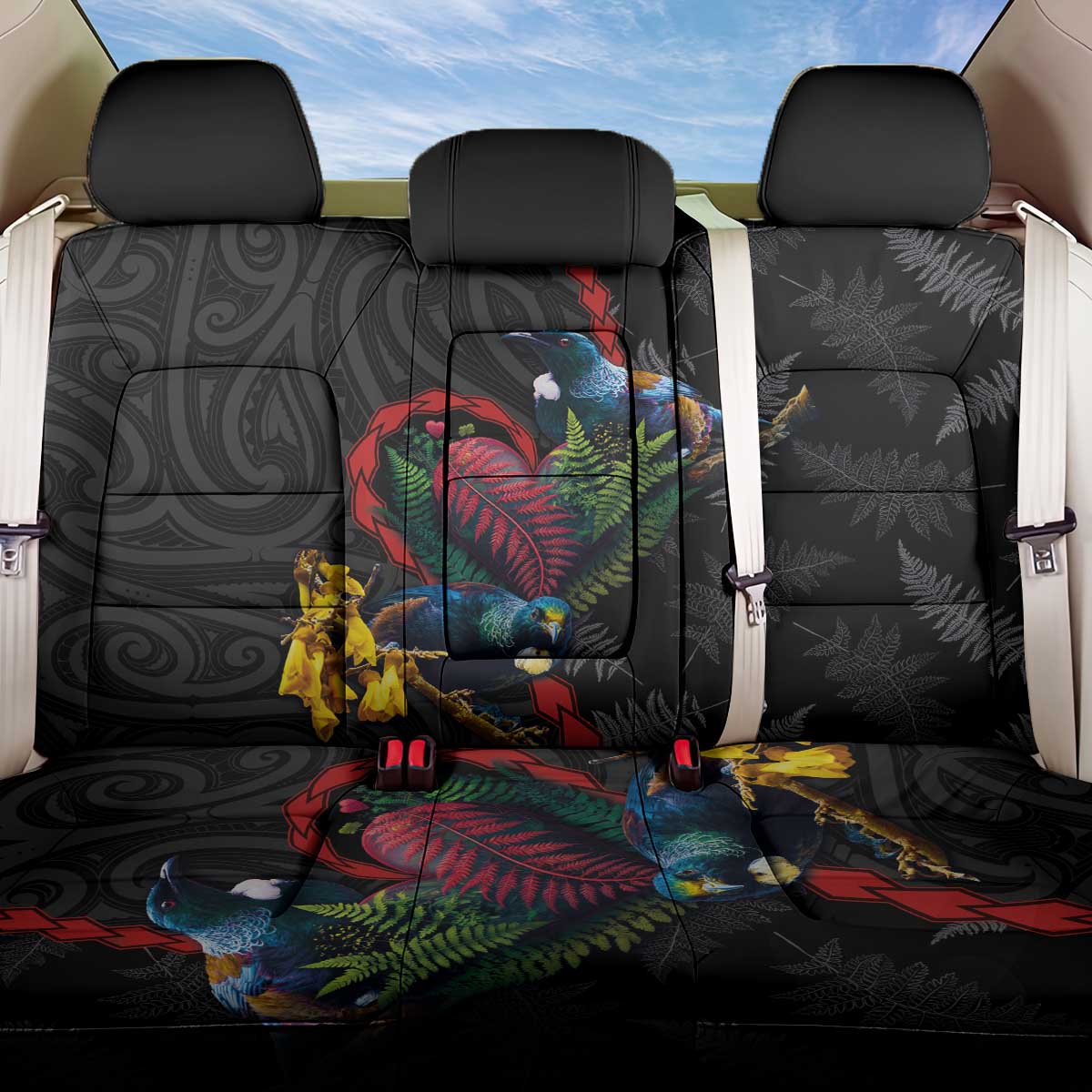 New Zealand Tui Birds Love Couple Back Car Seat Cover The Heart of Silver Fern Leaves and Maori Tattoo Pattern LT03 One Size Black - Polynesian Pride