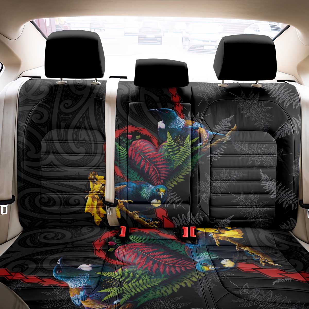 New Zealand Tui Birds Love Couple Back Car Seat Cover The Heart of Silver Fern Leaves and Maori Tattoo Pattern LT03 - Polynesian Pride