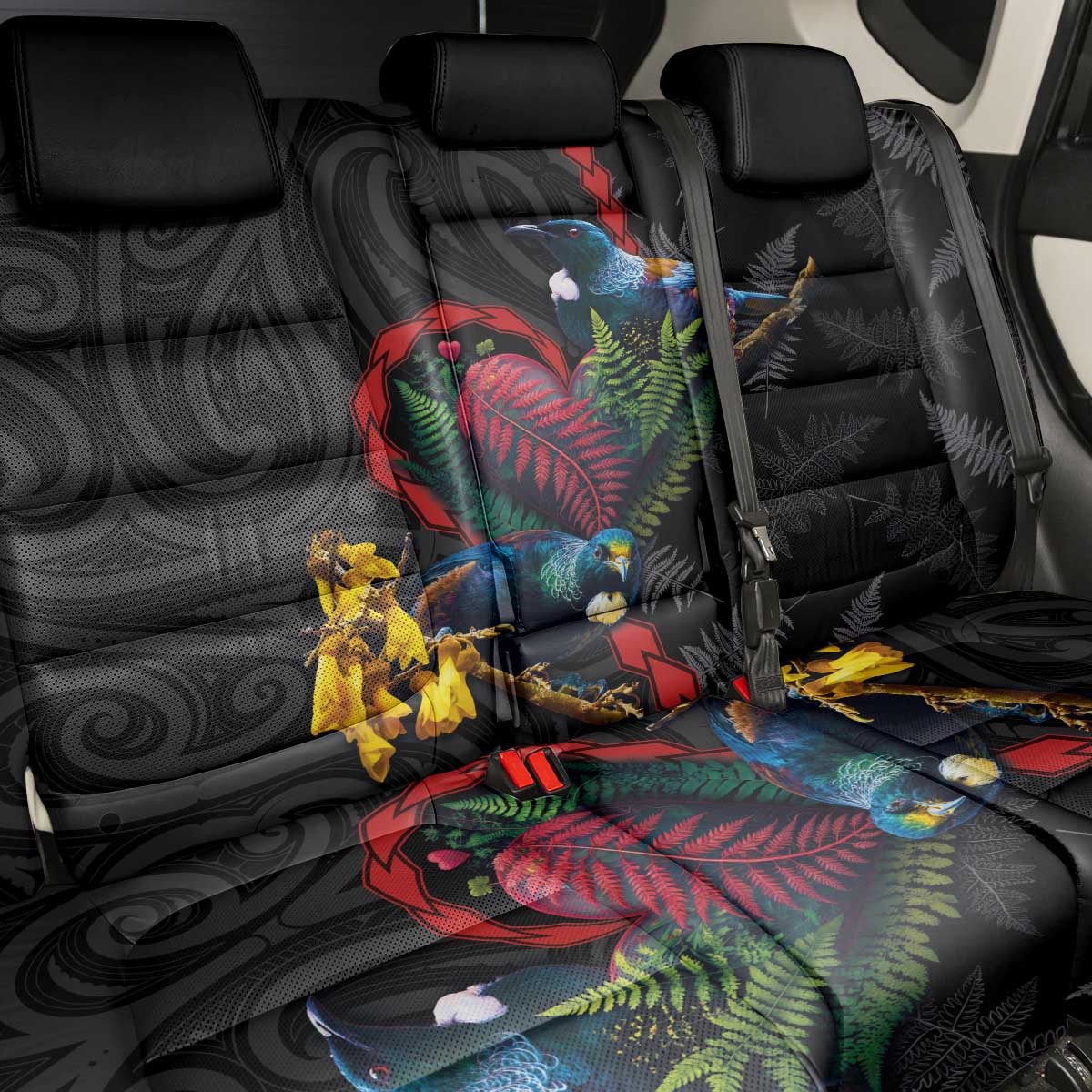 New Zealand Tui Birds Love Couple Back Car Seat Cover The Heart of Silver Fern Leaves and Maori Tattoo Pattern LT03 - Polynesian Pride