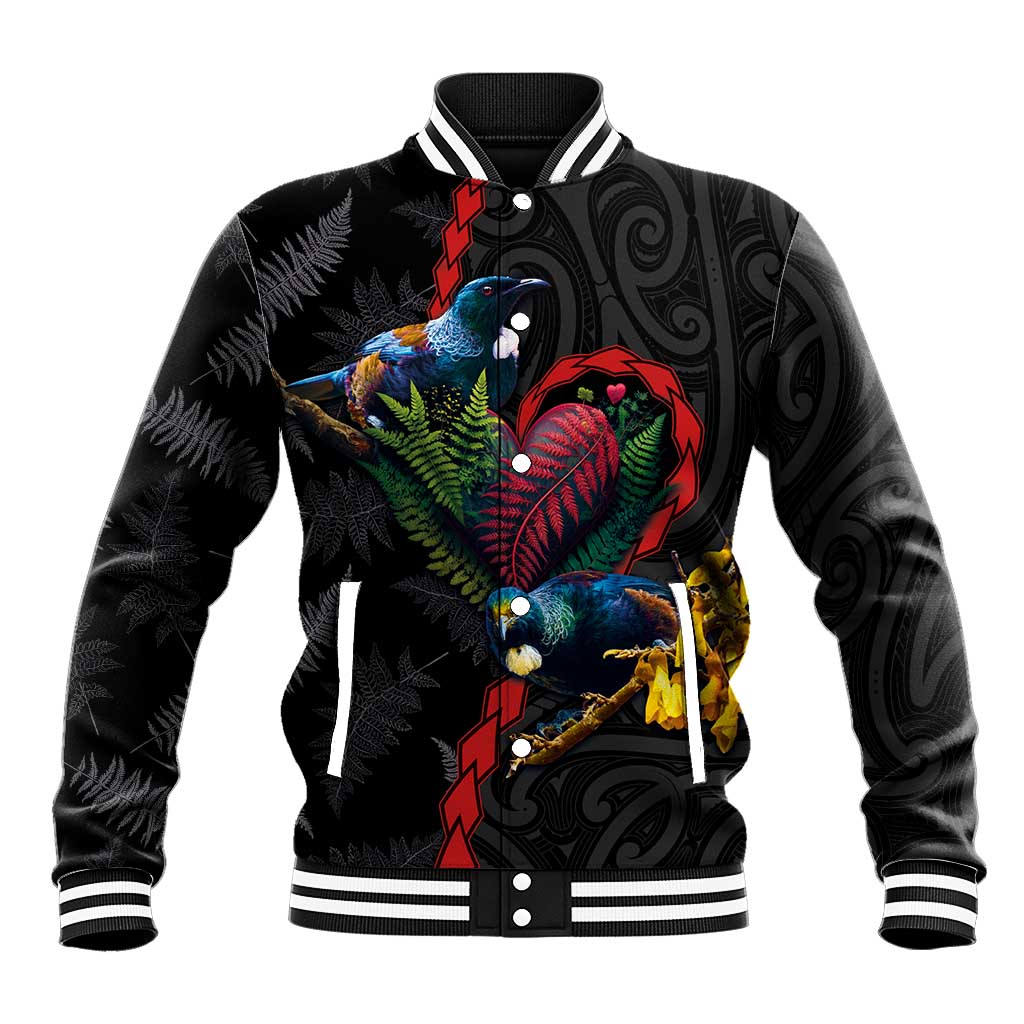 New Zealand Tui Birds Love Couple Baseball Jacket The Heart of Silver Fern Leaves and Maori Tattoo Pattern LT03 Unisex Black - Polynesian Pride