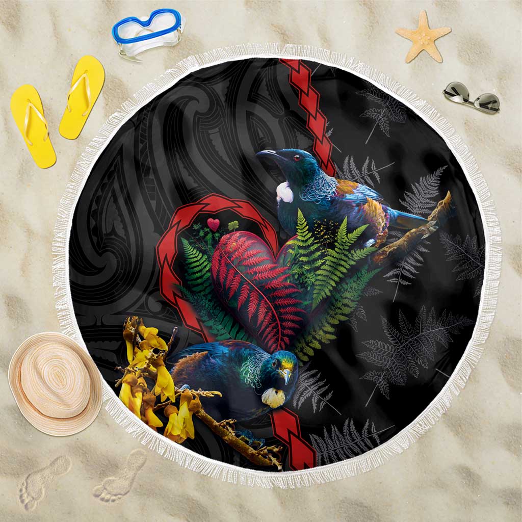 New Zealand Tui Birds Love Couple Beach Blanket The Heart of Silver Fern Leaves and Maori Tattoo Pattern LT03 One Size 150cm Black - Polynesian Pride