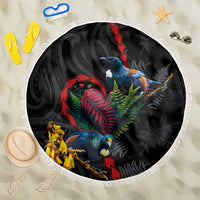 New Zealand Tui Birds Love Couple Beach Blanket The Heart of Silver Fern Leaves and Maori Tattoo Pattern LT03 One Size 150cm Black - Polynesian Pride
