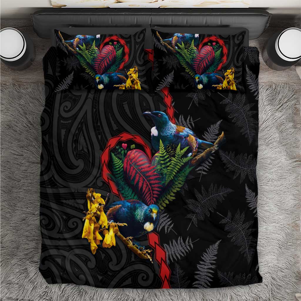New Zealand Tui Birds Love Couple Bedding Set The Heart of Silver Fern Leaves and Maori Tattoo Pattern LT03 Black - Polynesian Pride