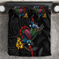 New Zealand Tui Birds Love Couple Bedding Set The Heart of Silver Fern Leaves and Maori Tattoo Pattern LT03 Black - Polynesian Pride