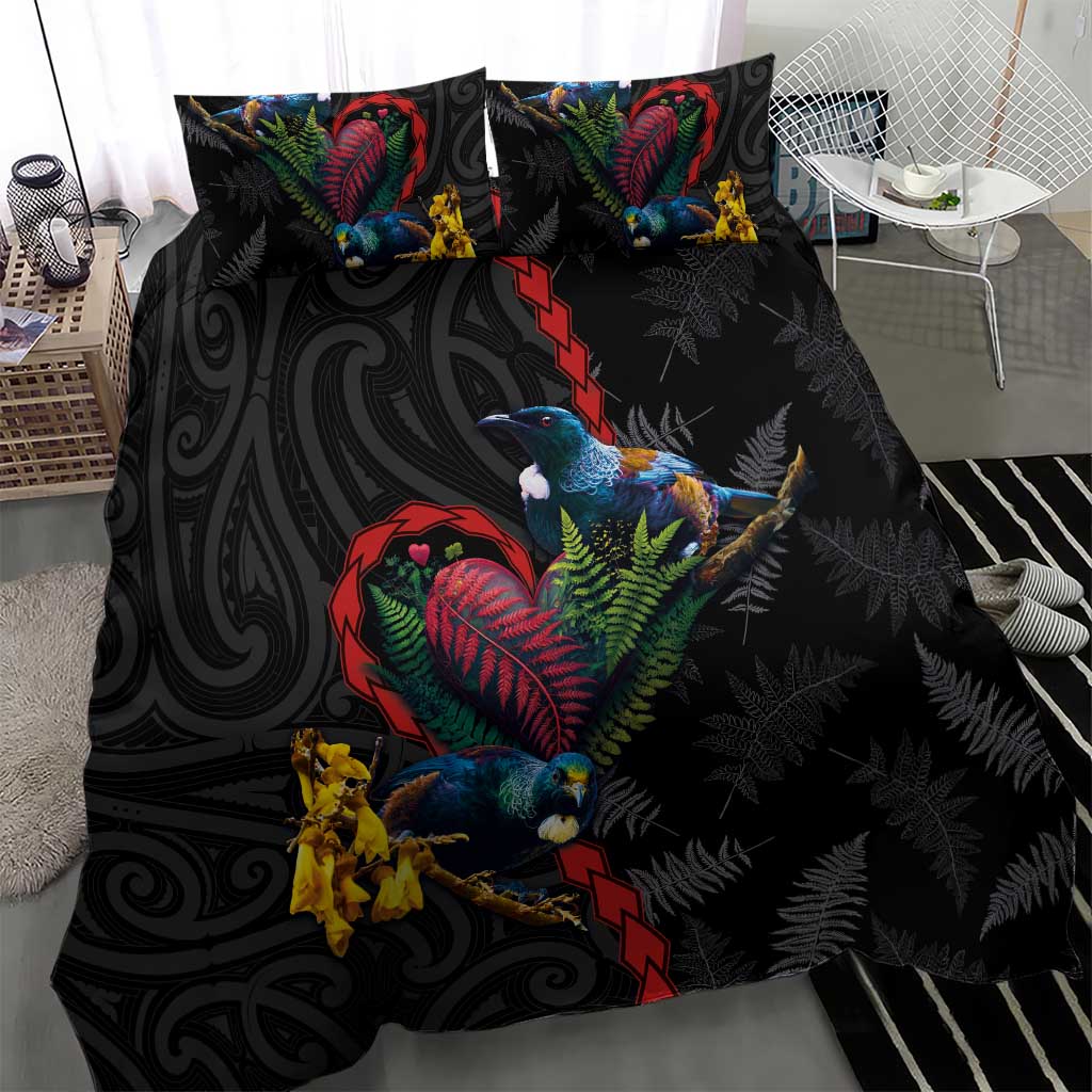 New Zealand Tui Birds Love Couple Bedding Set The Heart of Silver Fern Leaves and Maori Tattoo Pattern LT03 - Polynesian Pride