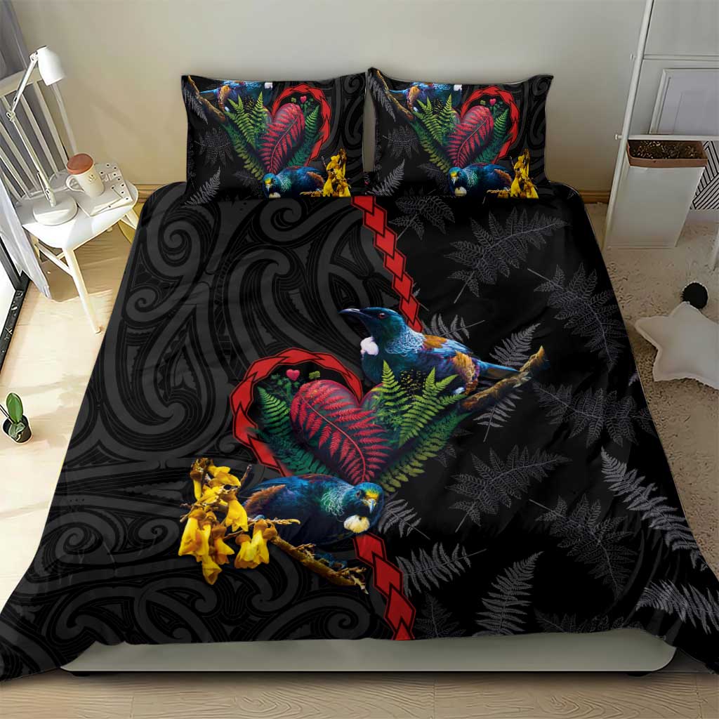New Zealand Tui Birds Love Couple Bedding Set The Heart of Silver Fern Leaves and Maori Tattoo Pattern LT03 - Polynesian Pride