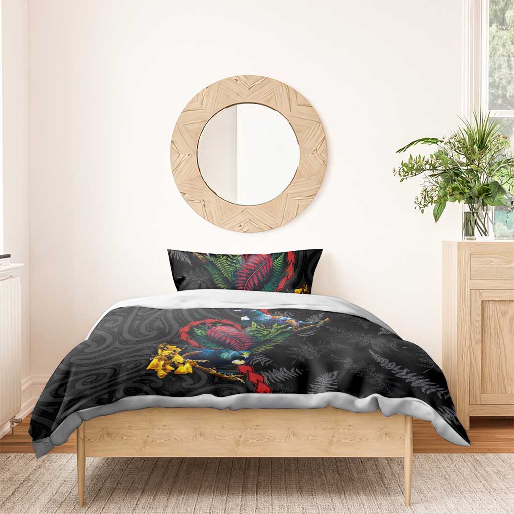 New Zealand Tui Birds Love Couple Bedding Set The Heart of Silver Fern Leaves and Maori Tattoo Pattern LT03 - Polynesian Pride