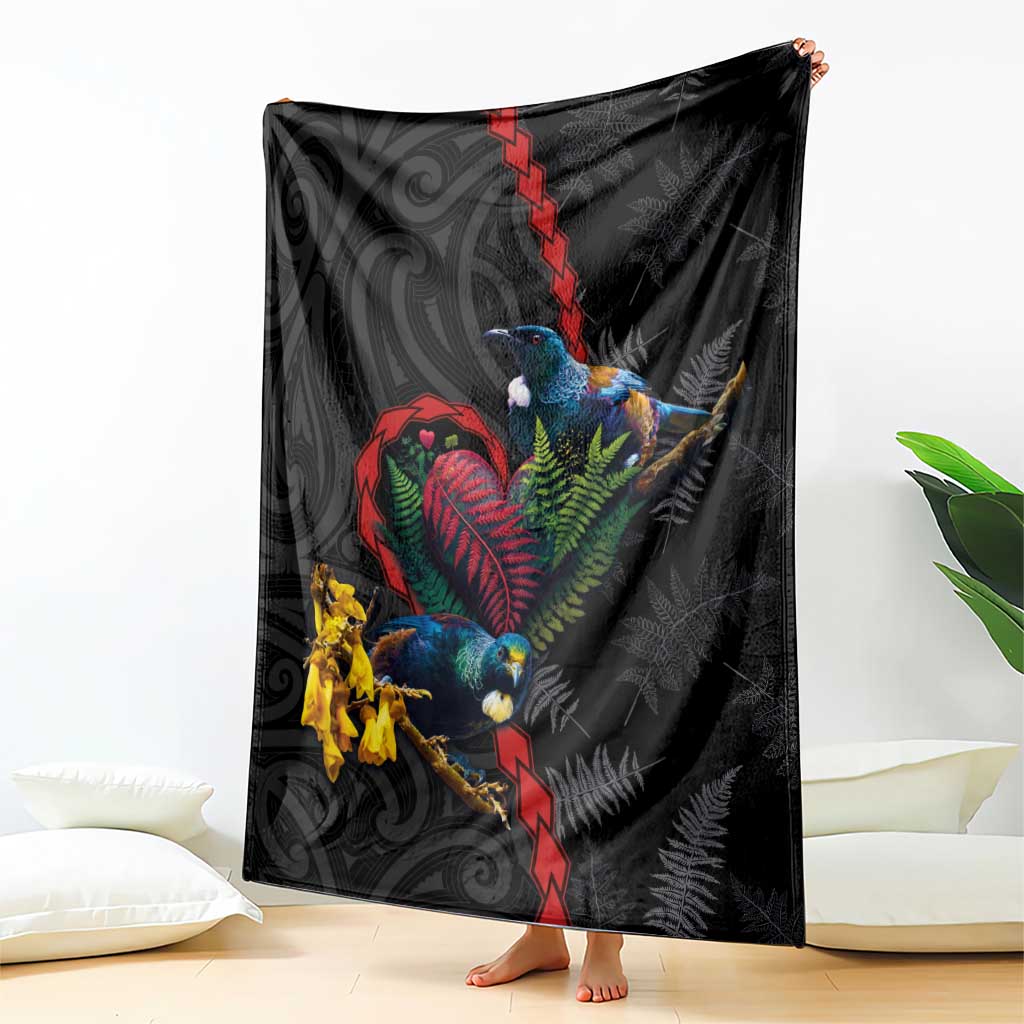 New Zealand Tui Birds Love Couple Blanket The Heart of Silver Fern Leaves and Maori Tattoo Pattern LT03 - Polynesian Pride