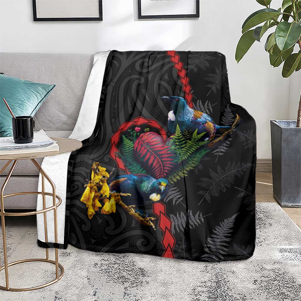 New Zealand Tui Birds Love Couple Blanket The Heart of Silver Fern Leaves and Maori Tattoo Pattern LT03 - Polynesian Pride