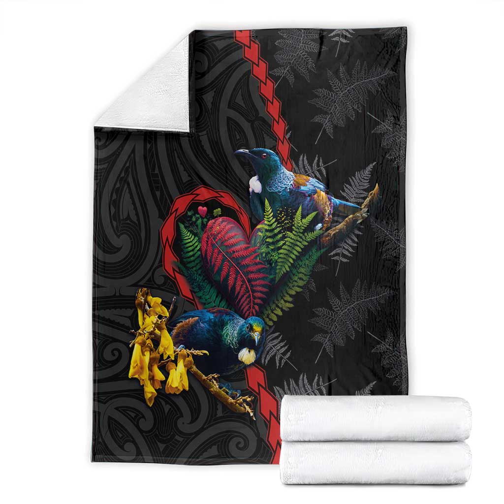 New Zealand Tui Birds Love Couple Blanket The Heart of Silver Fern Leaves and Maori Tattoo Pattern LT03 - Polynesian Pride