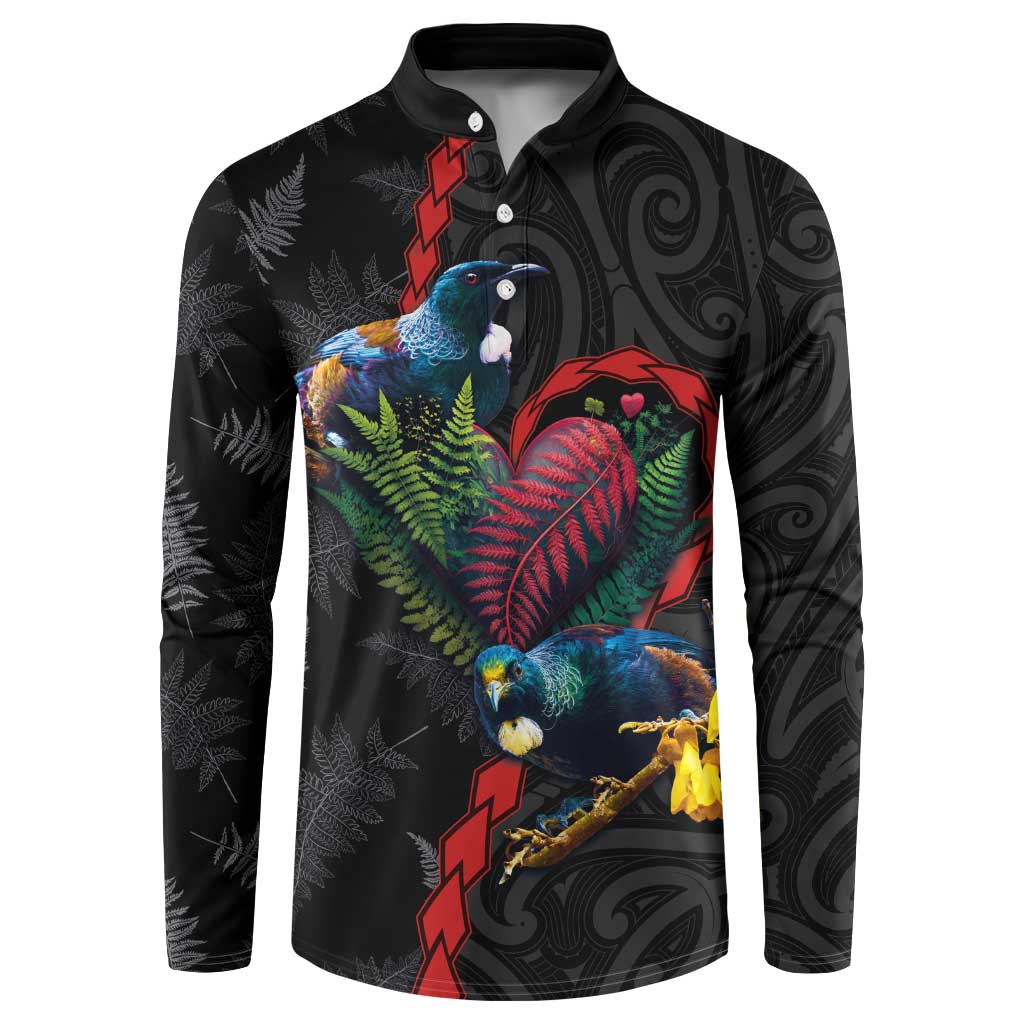 New Zealand Tui Birds Love Couple Button Sweatshirt The Heart of Silver Fern Leaves and Maori Tattoo Pattern LT03 Black - Polynesian Pride