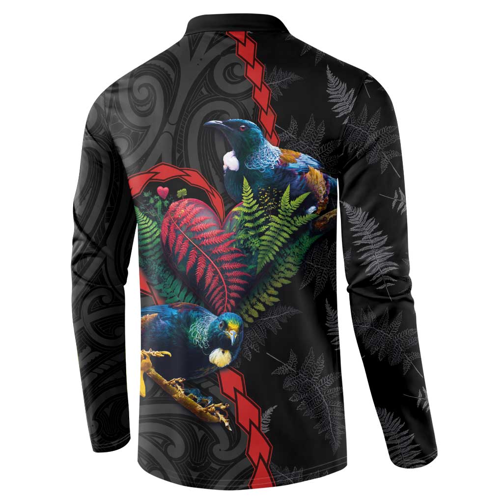 New Zealand Tui Birds Love Couple Button Sweatshirt The Heart of Silver Fern Leaves and Maori Tattoo Pattern LT03 - Polynesian Pride