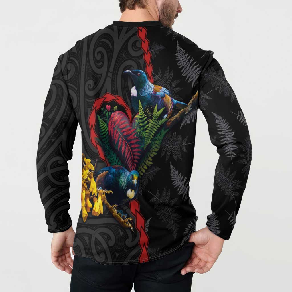 New Zealand Tui Birds Love Couple Button Sweatshirt The Heart of Silver Fern Leaves and Maori Tattoo Pattern LT03 - Polynesian Pride