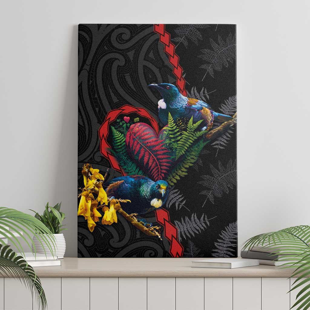 New Zealand Tui Birds Love Couple Canvas Wall Art The Heart of Silver Fern Leaves and Maori Tattoo Pattern LT03 - Polynesian Pride