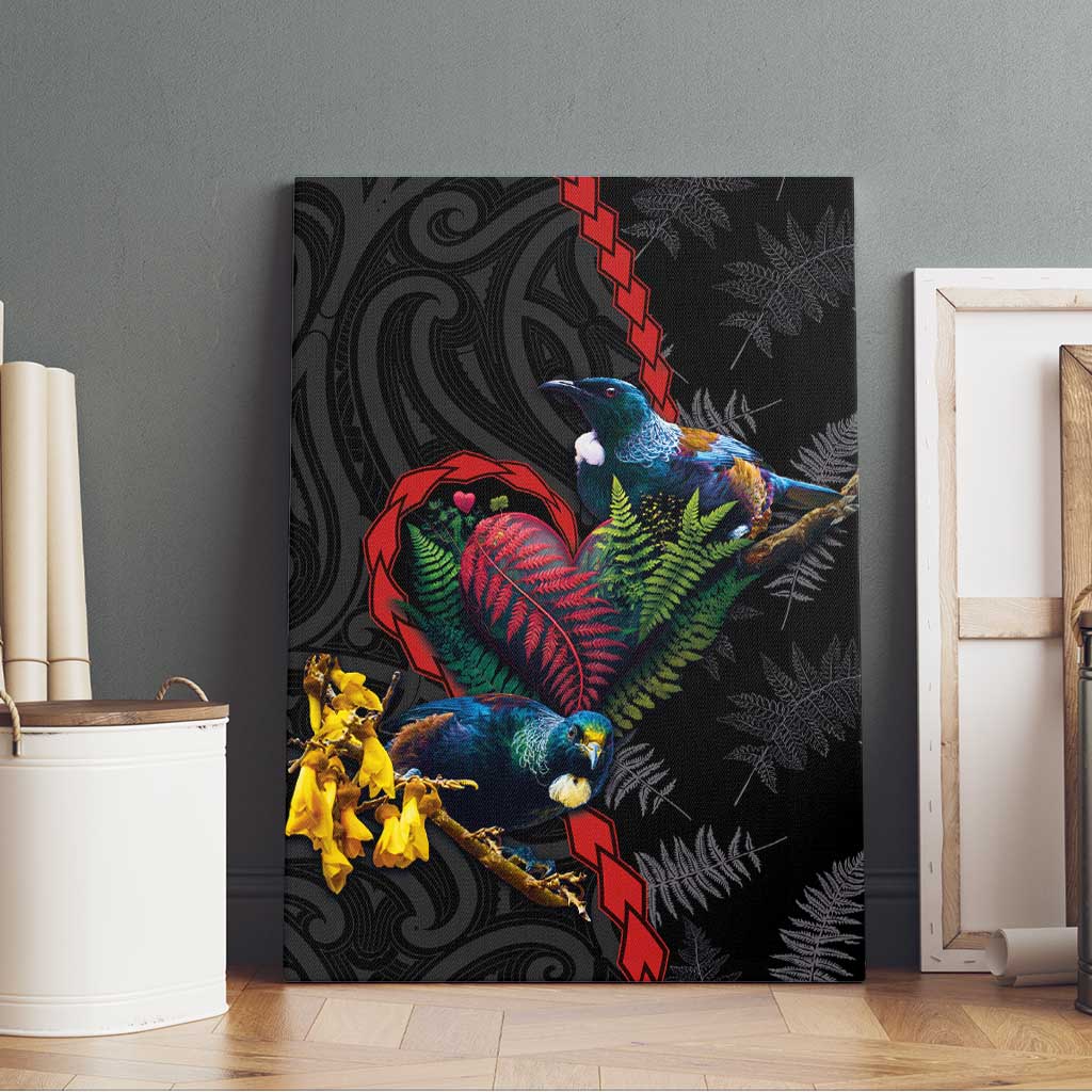 New Zealand Tui Birds Love Couple Canvas Wall Art The Heart of Silver Fern Leaves and Maori Tattoo Pattern LT03 - Polynesian Pride