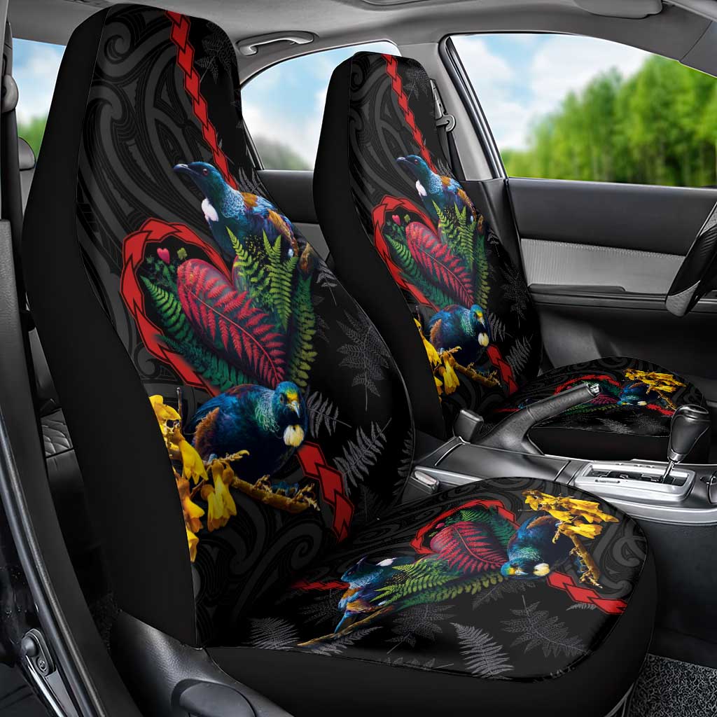New Zealand Tui Birds Love Couple Car Seat Cover The Heart of Silver Fern Leaves and Maori Tattoo Pattern LT03 - Polynesian Pride