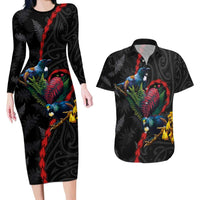 New Zealand Tui Birds Love Couple Couples Matching Long Sleeve Bodycon Dress and Hawaiian Shirt The Heart of Silver Fern Leaves and Maori Tattoo Pattern LT03 Black - Polynesian Pride